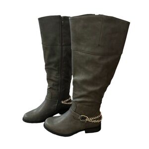 New! Gray Over the Knee Boots with Gold Chain